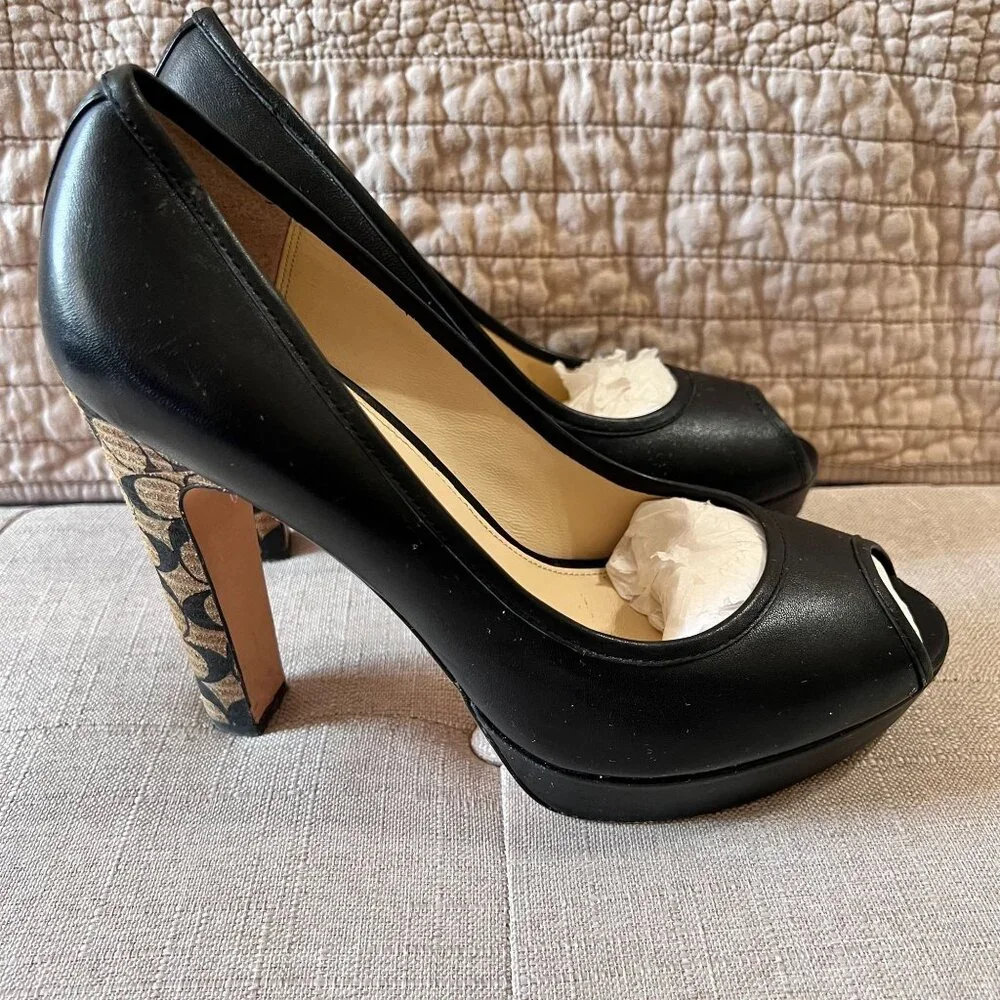 Coach Black Breana Leather Peep Toe Platform Pumps. Coach Logo Heels. Size 9 - Picture 1 of 16